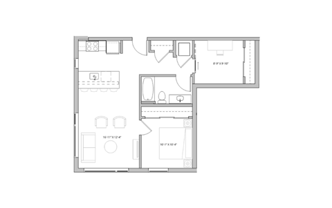 Floor plan for 1 bed, 1 bath, 784 sqft